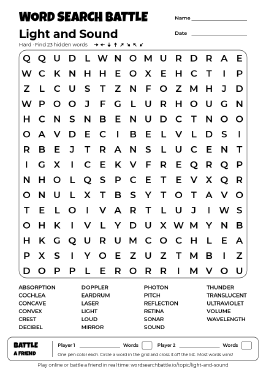 Printable Light and Sound Word Search