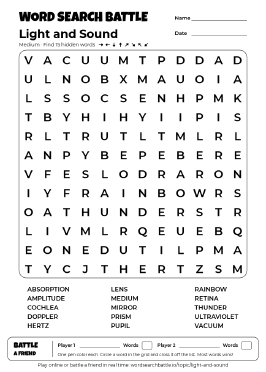 Printable Light and Sound Word Search