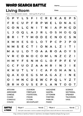 Printable Hard Living Room Word Search