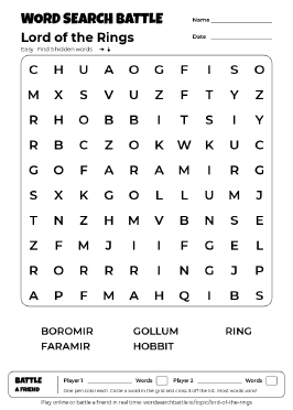 Printable Lord of the Rings Word Search