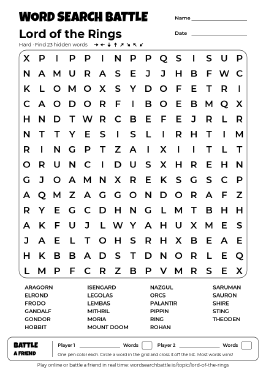 Printable Lord of the Rings Word Search