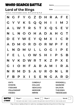 Printable Lord of the Rings Word Search Preview