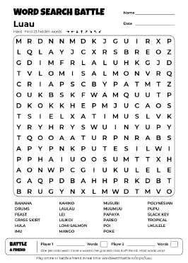 Printable Hard Luau Word Search