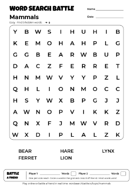 Printable Easy Mammals Word Search