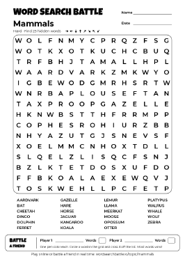 Printable Hard Mammals Word Search