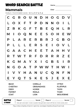 Printable Mammals Word Search Preview