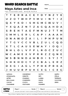 Printable Hard Maya Aztec and Inca Word Search