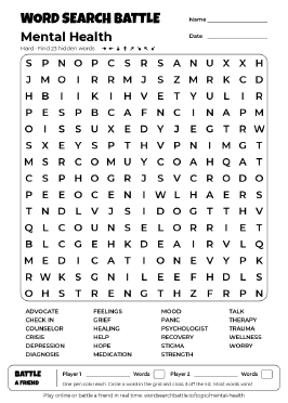 Printable Mental Health Word Search