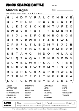 Printable Hard Middle Ages Word Search