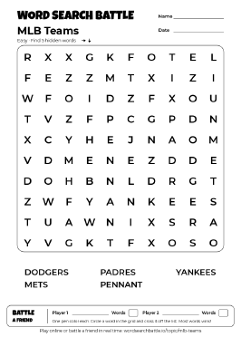 Printable Easy MLB Teams Word Search