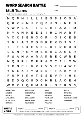 Printable Hard MLB Teams Word Search