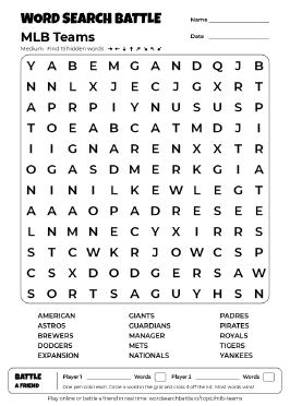 Printable Medium MLB Teams Word Search