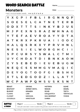 Printable Monsters Word Search