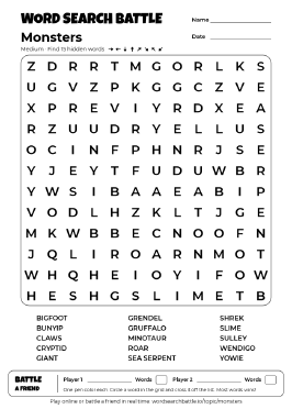 Printable Monsters Word Search