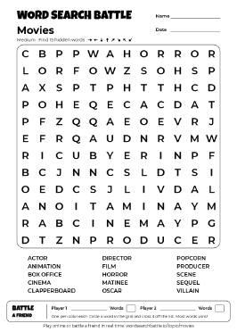 Printable Movies Word Search
