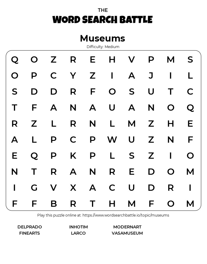 Printable Museums Word Search