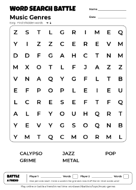 Printable Music Genres Word Search Preview