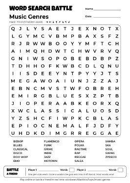 Printable Music Genres Word Search