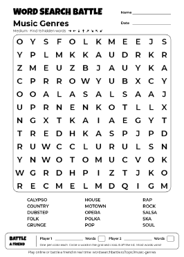 Printable Music Genres Word Search Preview