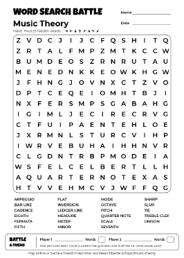 Printable Hard Music Theory Word Search