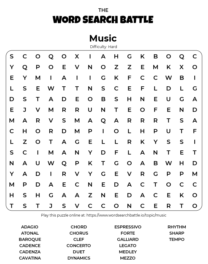 Printable Music Word Search