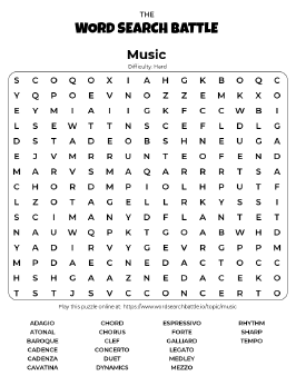 Printable Hard Music Word Search