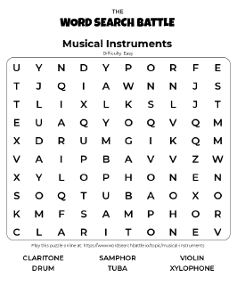 Irónico calina Contradecir Printable Musical Instruments Word Search
