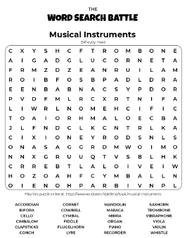 Printable Hard Musical Instruments Word Search