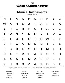 emocionante referir carrera Musical Instruments Word Search - Play Online - Print