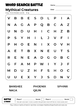 Printable Easy Mythical Creatures Word Search