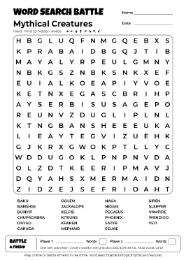 Printable Hard Mythical Creatures Word Search