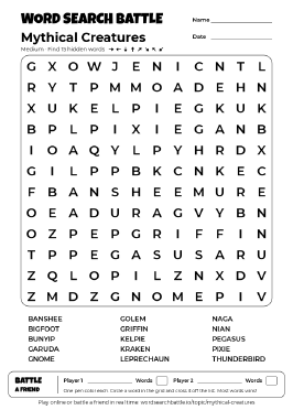 Printable Medium Mythical Creatures Word Search
