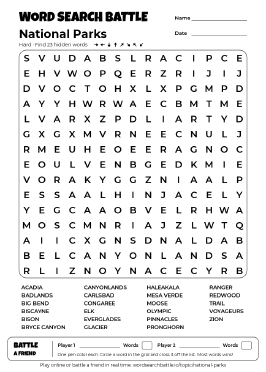 Printable National Parks Word Search