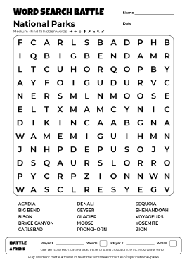 Printable National Parks Word Search