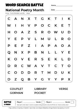 Printable National Poetry Month Word Search