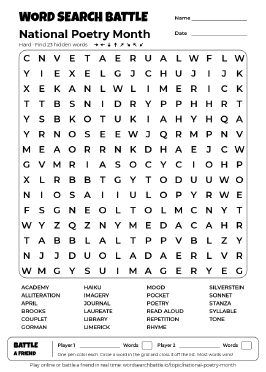 Printable National Poetry Month Word Search