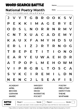 Printable National Poetry Month Word Search Preview