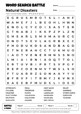 Printable Natural Disasters Word Search