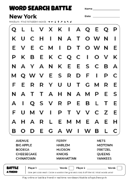 Printable New York Word Search