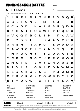 Printable NFL Teams Word Search