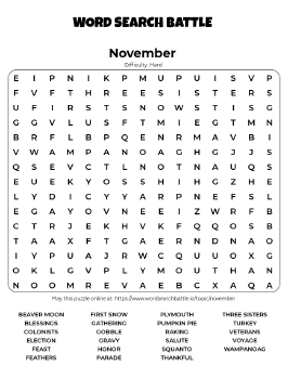 Printable Hard November Word Search