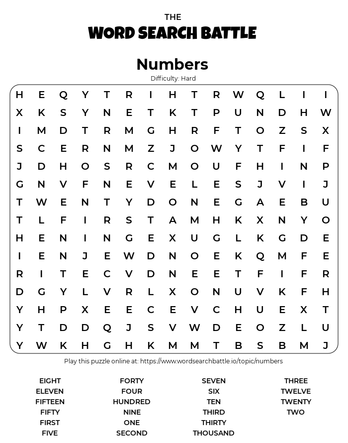 Printable Numbers Word Search