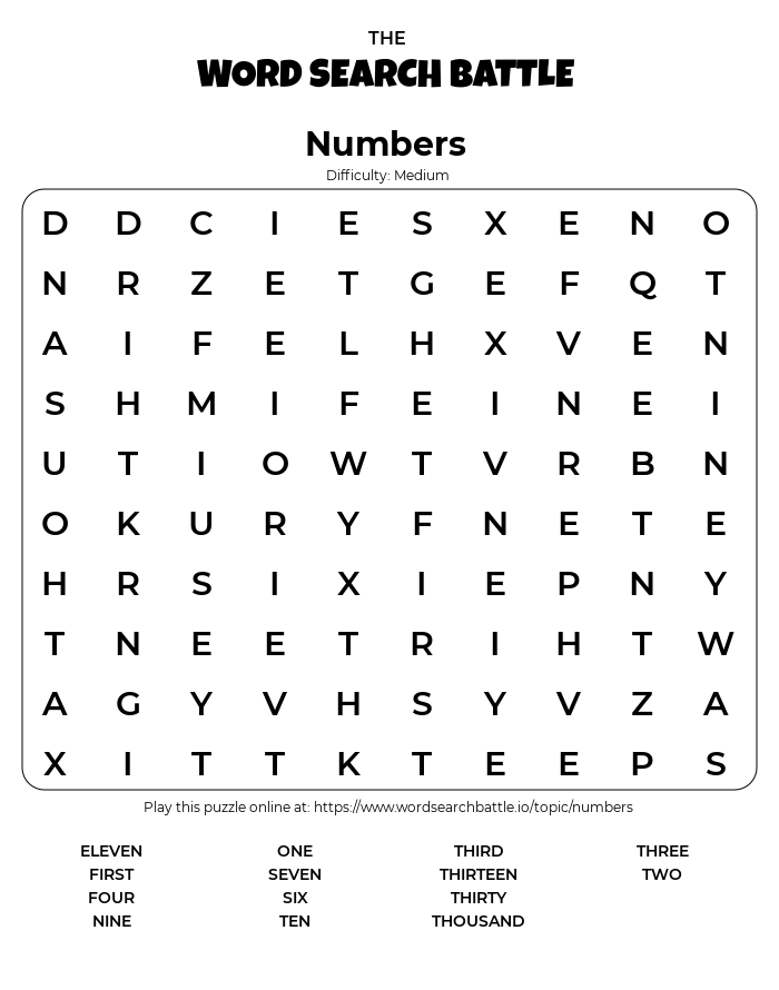 printable numbers word search