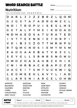 Printable Nutrition Word Search