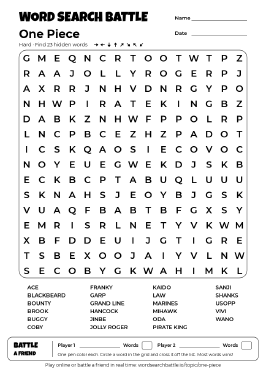 Printable Hard One Piece Word Search