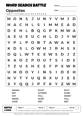 Printable Opposites Word Search