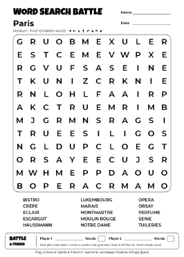 Printable Paris Word Search