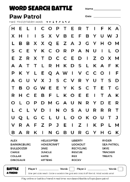 Printable Hard Paw Patrol Word Search
