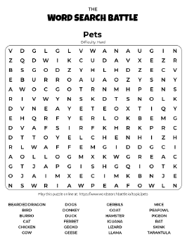Printable Hard Pets Word Search