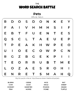 Printable Pets Word Search Preview